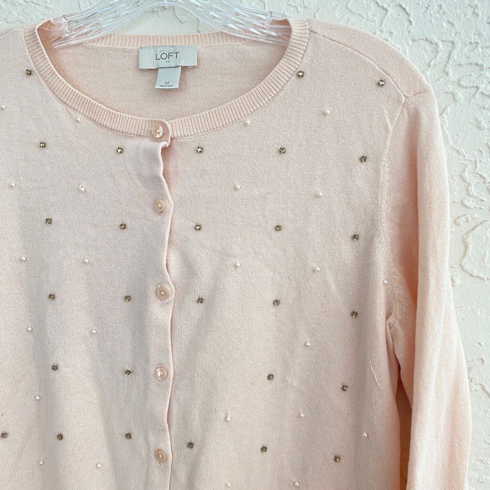 LOFT Soft Girl Coquette Cardigan Sweater M Pink Pearl Rhinestone Embellished - Picture 3 of 7
